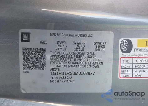 2021 Chevrolet Camaro Rwd 1Lt z USA, uszkodzony, nr VIN 1G1FB1RS3M0103927